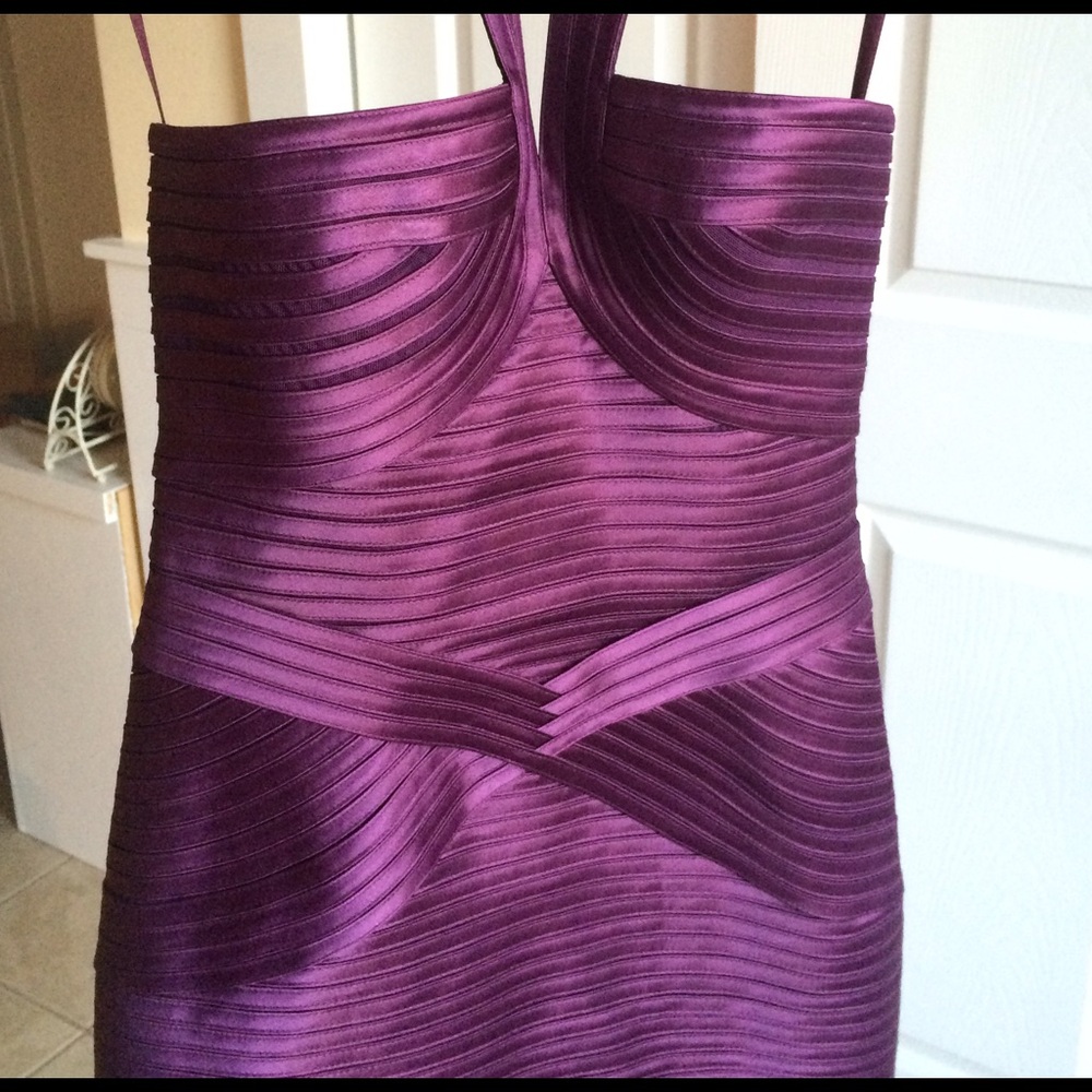 BCBG Plum Satin Pleated Prom Dress